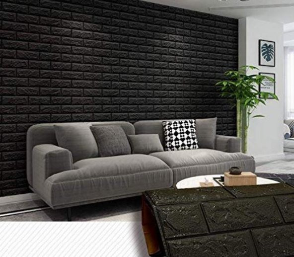 Renkli Duvarlar NW06-70X500cm Kendinden Yapışkanlı Siyah Tuğla Desen 3D Duvar Kağıdı Paneli Tek Parça - 4