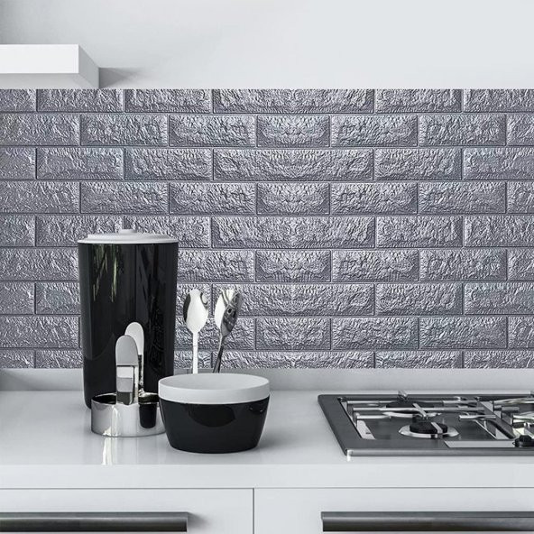 Renkli Duvarlar NW02-70X500cm Kendinden Yapışkanlı Gri Tuğla Desen 3D Duvar Kağıdı Paneli Tek Parça - 2