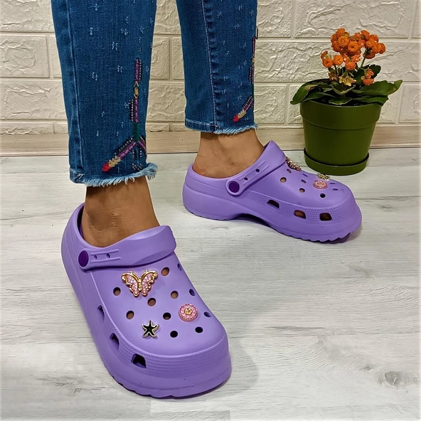 Sonimix 12901 Lila Renk Taşlı Kalın Tabanlı Bayan  Terlik - Resim 4