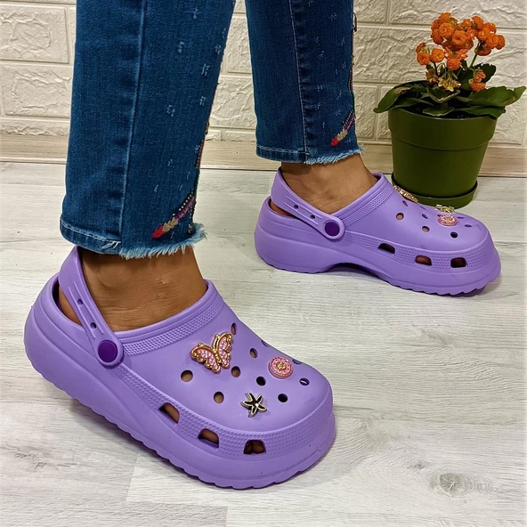 Sonimix 12901 Lila Renk Taşlı Kalın Tabanlı Bayan  Terlik - Resim 6