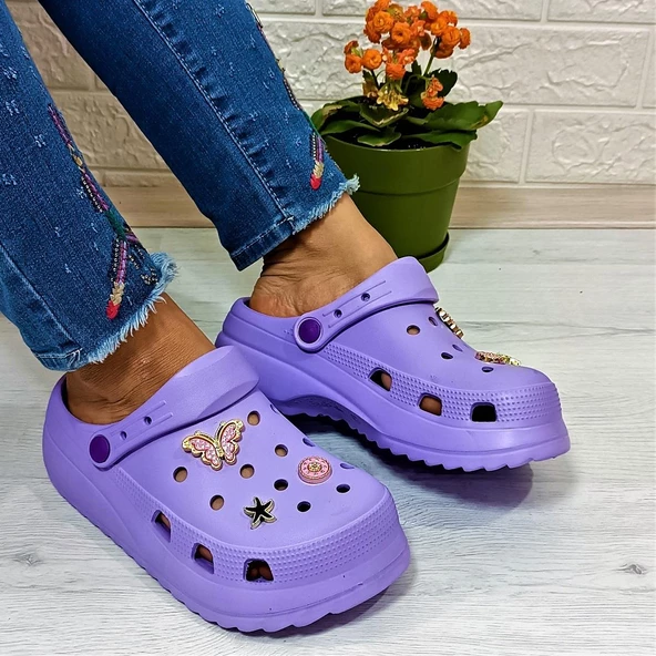 Sonimix 12901 Lila Renk Taşlı Kalın Tabanlı Bayan  Terlik - Resim 2