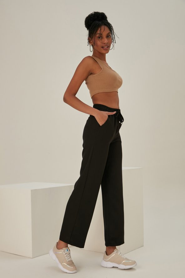 Siyah Bağcıklı Palazzo Günlük Pantolon - 2