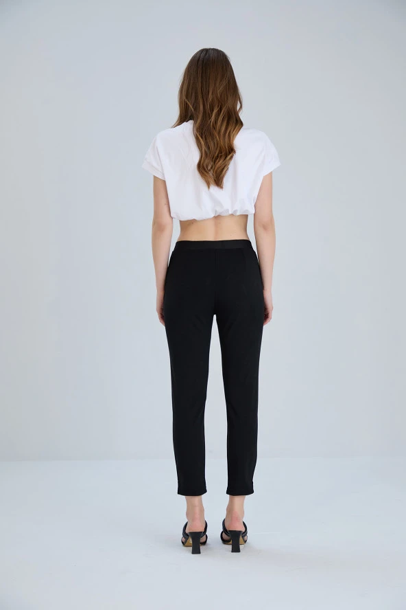 Siyah Pantolon Günlük Kemer Detaylı Lastikli - 8