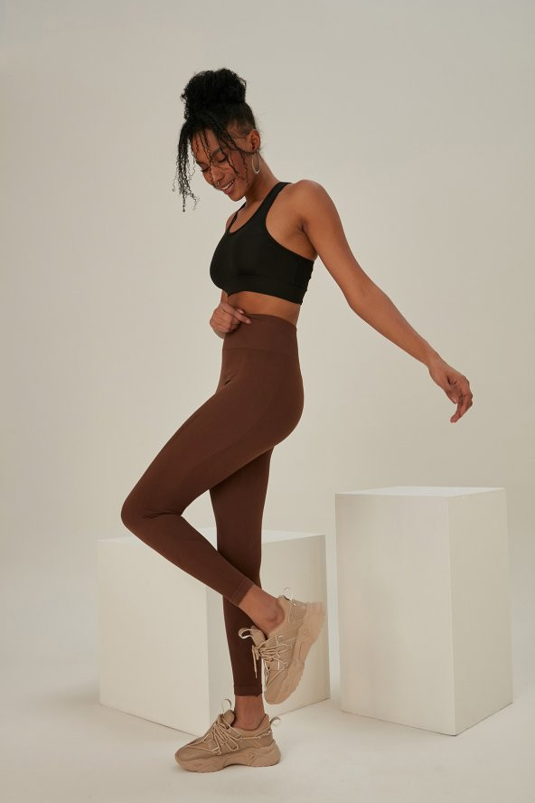 Kahve Seamless Dikişsiz Toparlayıcı Açık Tayt Belden Inceltici Ve Sıkılaştırıcı Yüksek Bel - 5