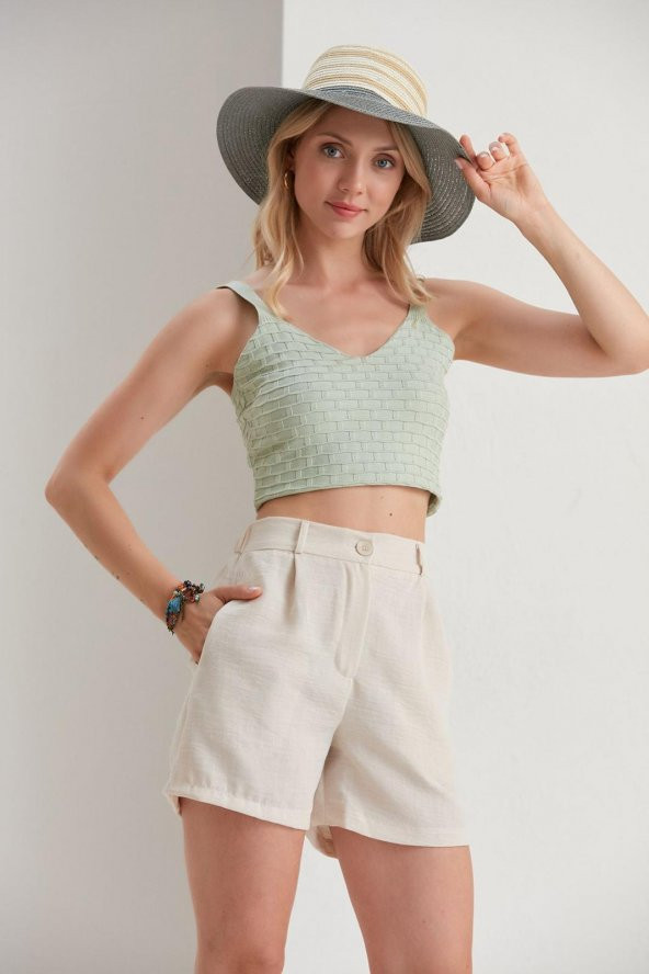 Bej Düğmeli Keten Karışımlı Yazlık Şort - Keten Bayan Şort  - Keten Şort - 6