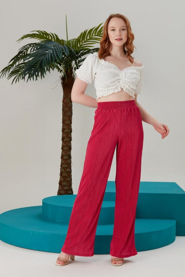Fuşya Piliseli Günlük Pantolon -Fuşya - Bayan Pantalon - 2