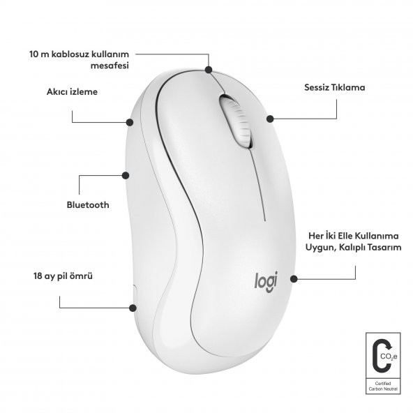 Logitech M240 Sessiz Kompakt Kablosuz Bluetooth Mouse - Beyaz - 5