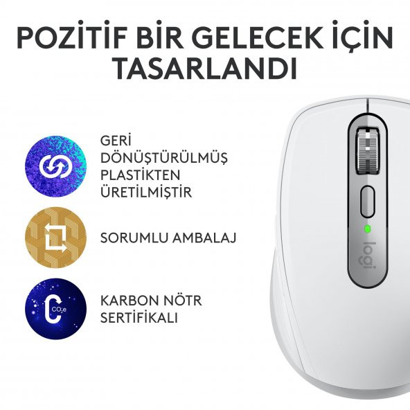 Logitech MX Anywhere 3S Kompakt 8000 DPI Optik Sensörlü Sessiz Bluetooth Kablosuz Mouse - Beyaz - Resim 2