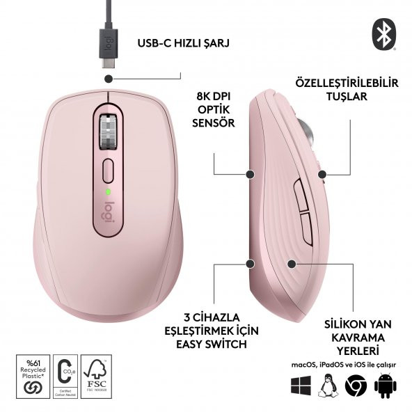 Logitech Mx Anywhere 3S Kompakt 8000 Dpı Optik Sensörlü Sessiz Bluetooth Kablosuz Mouse - Pembe - 4