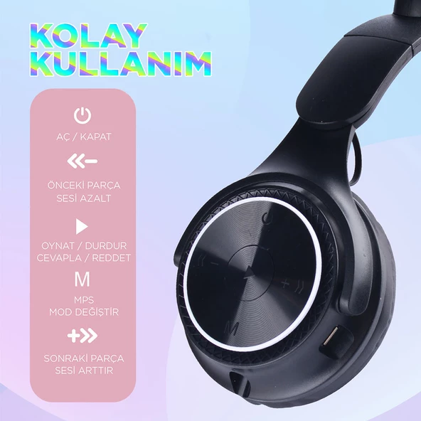M6 Pro Cat RGB Led Işıklı Kedi Kulağı Band Tasarımlı Ayarlanabilir ve Katlanabilir Kulak Üstü Bluetooth Kulaklık - 8