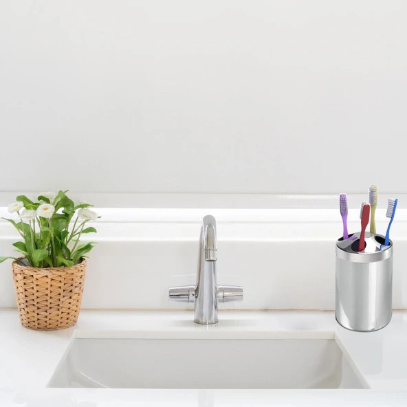 Set Üstü Diş Fırçalık Banyo Paslanmaz Çelik Diş Fırçası Kabı Kutusu Metalik - 4