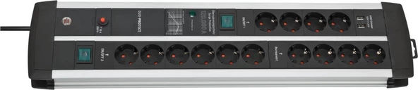 Brennenstuhl Premium-Protect 120.000A. Akım Korumalı 14 Soketli 2 USB li Hızlı Şarj Özellikli 3 Metre Kablolu Priz