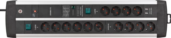 Brennenstuhl Premium-Protect 120.000A. Akım Korumalı 14 Soketli 2 USB li Hızlı Şarj Özellikli 3 Metre Kablolu Priz - 2