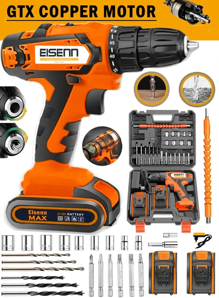 Eisenn Germany E-10027 Orange Çelik Şanzuman Bakır Sargılı Çift Akülü Şarjlı Matkap Vidalama Uç Seti Hediyeli