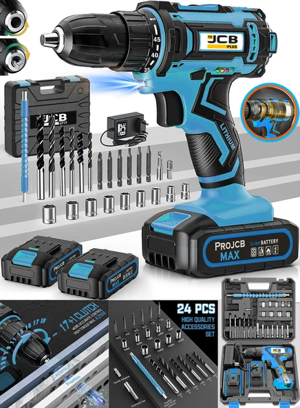 Projcb Plus Yeni Nesil Bluer 398 Vf 20 Ah Çelik Şanzuman 2 Akülü Şarjlı Matkap 45 Torq Kademeli Usta Setli