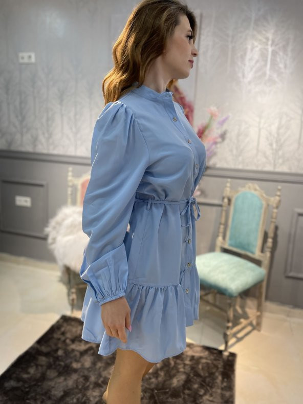 Beli Bağlamalı Mini Fırfırlı Elbise Bebe Mavisi - 3
