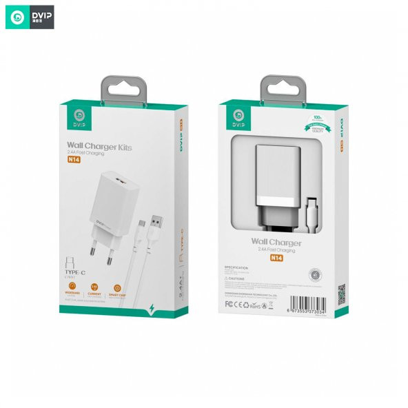 DVIP N14 2.4A UsbA to Type-C Kablolu Hızlı Şarj Aleti Set Beyaz - Resim 4