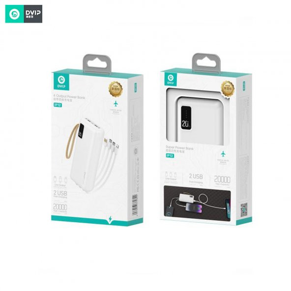 DVIP İP12 20000mAh 2xUsbA + Type-C + Micro + Lightning Çıkışlı Led Göstergeli Powerbank Beyaz - 3