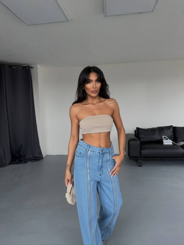 Mavi Önden Fermuarlı Bol Paça Kot Pantolon - 4