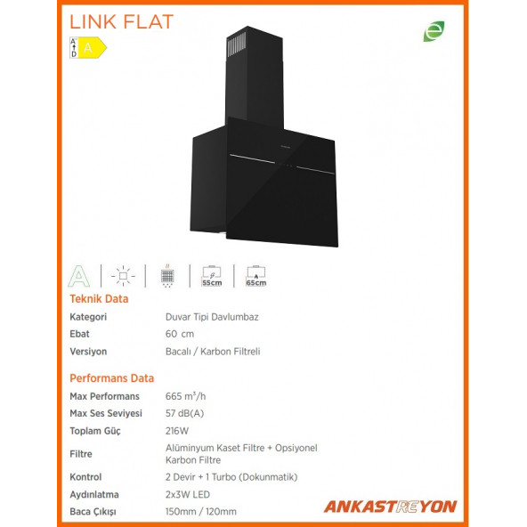 Silverline 3364 LINK FLAT Siyah Cam Duvar Tipi Davlumbaz 60 cm - 3