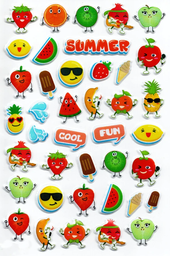 Sticker Kabartmalı A4 Boyutunda Stiker Defter, Planlayıcı Etiket, -(lim102) - Summer Yaz Meyveleri