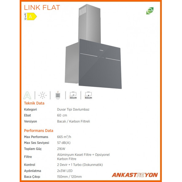 Silverline 3364 LINK FLAT Gri Cam Duvar Tipi Davlumbaz 60 cm - 3