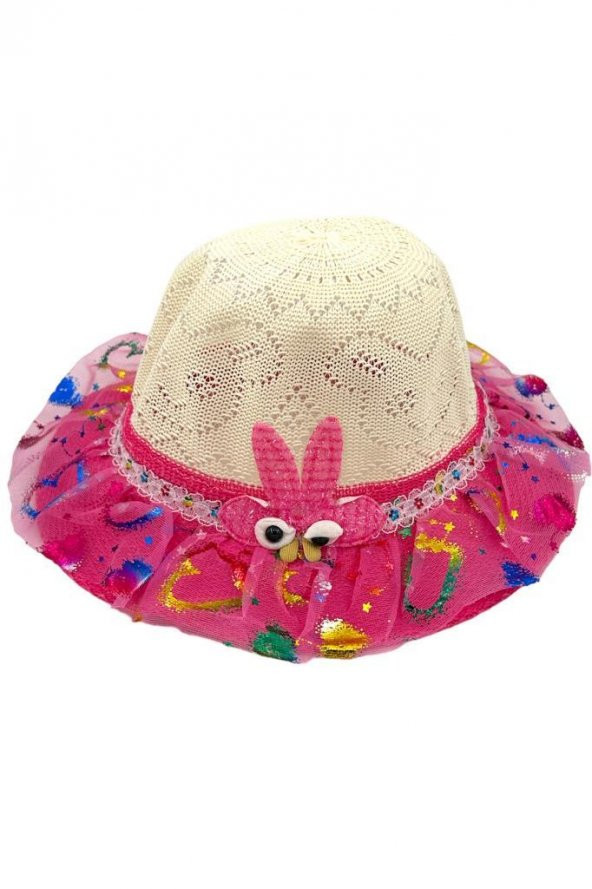 Kıds Kız Çocuk Şapkası Hasır Parlak Figür Fiyonklu Model