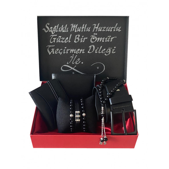 Erkek Siyah Deri Kemer Cüzdan Kartlık Tesbih 3 Adet Bileklik