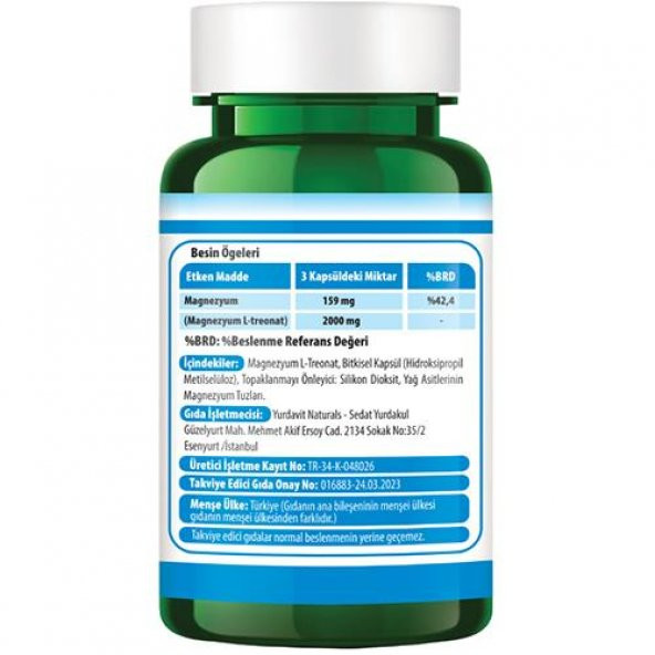 Yurdavit Magnesium L-Threonate 2000 Mg 90 Vegan Kapsül Magnezyum 159 Mg Magnezyum L-Treonat - 2