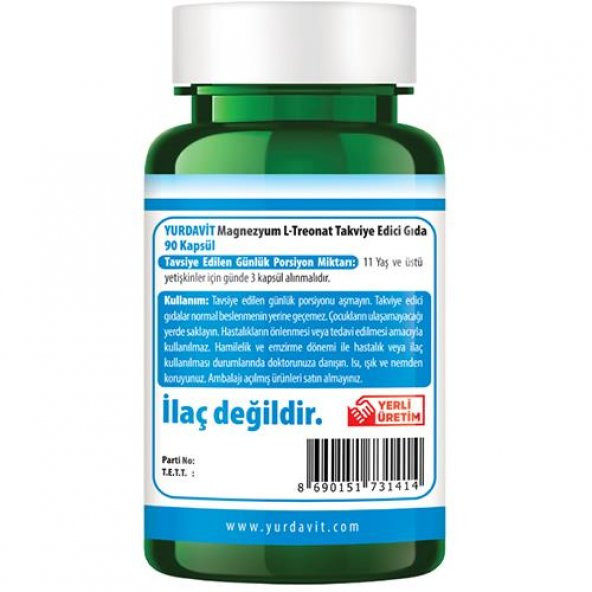Yurdavit Magnesium L-Threonate 2000 Mg 90 Vegan Kapsül Magnezyum 159 Mg Magnezyum L-Treonat - 3