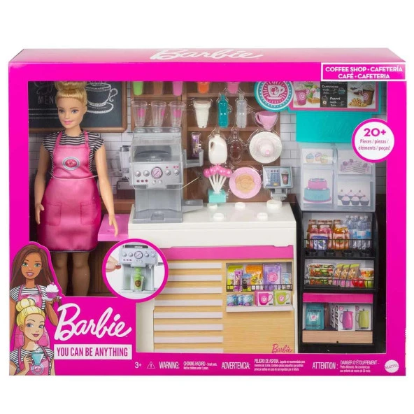 Barbie Kahve Dükkanı 30 cm Sarışın Yuvarlak Hatlı Bebek ve 20 den Fazla Gerçekçi Oyuncak Figür