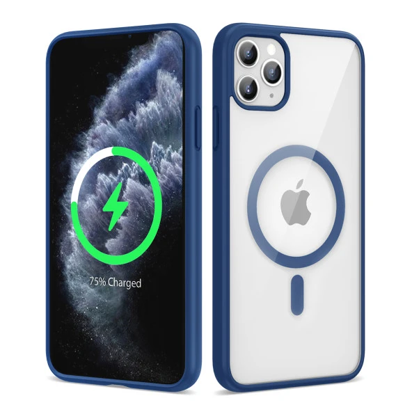 Apple iPhone 11 Pro Max Kılıf Magsafe Wireless Şarj Özellikli Silikon Zore Ege Kapak  Mavi