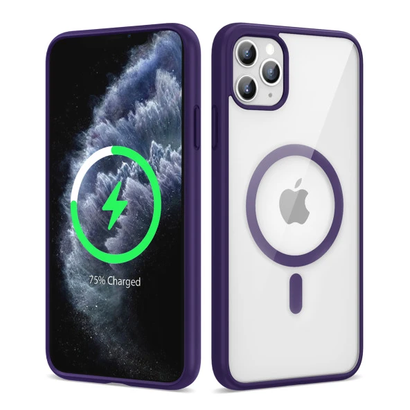 Apple iPhone 11 Pro Max Kılıf Magsafe Wireless Şarj Özellikli Silikon Zore Ege Kapak  Derin Mor