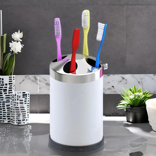 Set Üstü Diş Fırçalık Banyo Metal Diş Fırçası Kabı Kutusu Beyaz - 2