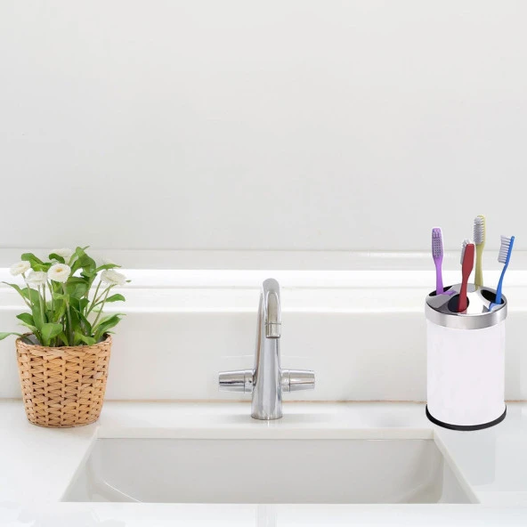 Set Üstü Diş Fırçalık Banyo Metal Diş Fırçası Kabı Kutusu Beyaz - 4