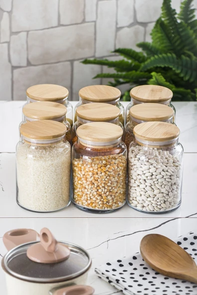 9 Lu Set Bambu Kapaklı Cam Kavanoz & Erzak Saklama Kabı 800 ml Orta Boy ( Vakum Kapak ) - 2
