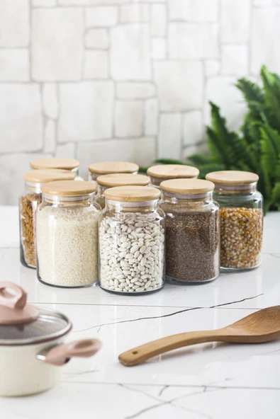 9 Lu Set Bambu Kapaklı Cam Kavanoz & Erzak Saklama Kabı 800 ml Orta Boy ( Vakum Kapak ) - 5