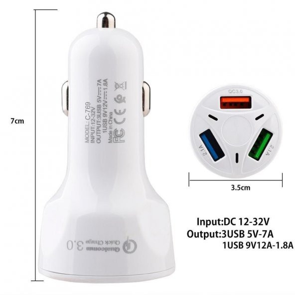 7a Qc 3 Usb Hızlı Araç Şarj Cihazı Concord C-769 - Resim 3