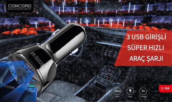 7a Qc 3 Usb Hızlı Araç Şarj Cihazı Concord C-769 - Resim 4