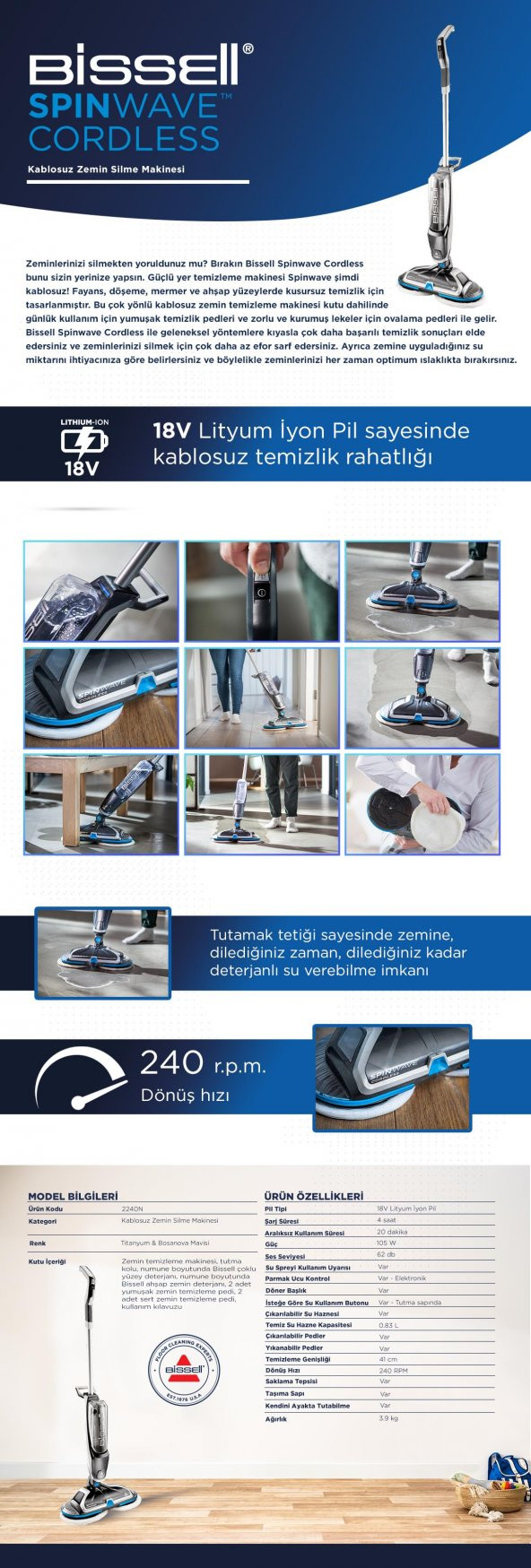 Bissell SpinWave Cordless Kablosuz Zemin Silme Makinesi - 5