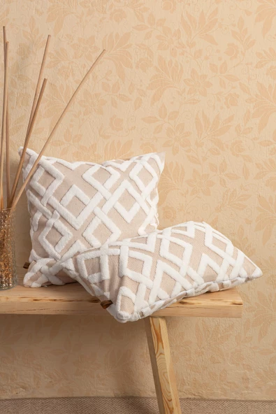 Bohem Özel Tasarım Punch Panç Desen Dekoratif Kırlent Kılıfı Mila Bej - 3