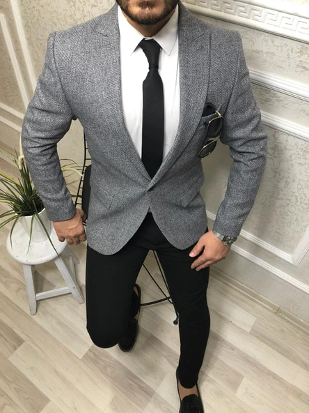 Tomıross Erkek Gri İtalyan Kesim Tek Ceket Slim Fit Dpclss-1219 - 1