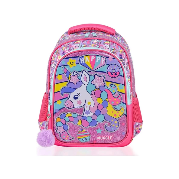 Muggle Okul Çantası Happy Unicorn Pembe Kız Çocuk İlkokul Sırt Çantası