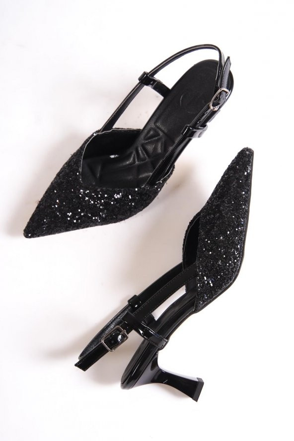 Modabuymus Paris S Siyah Cam Kırığı Arkası Açık Stiletto Kısa Topuklu Abiye Ayakkabı