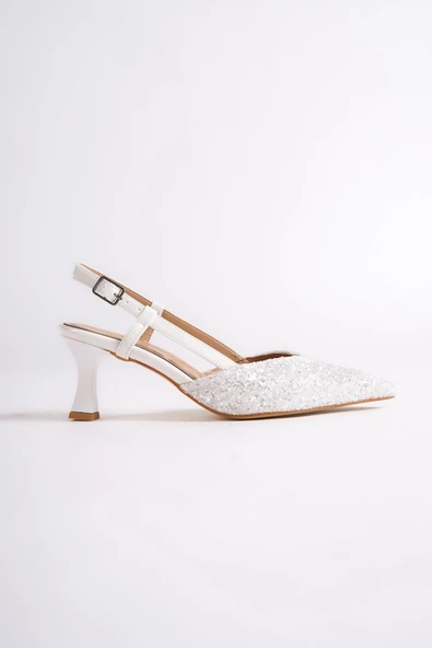 Paris S Beyaz Cam Kırığı Arkası Açık Stiletto Kısa Topuklu Abiye Ayakkabı - 4