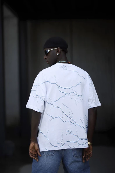 Oversize Pamuklu Bisiklet Yaka Şimşek Baskı Detaylı Erkek Yazlık T-shirt - 2