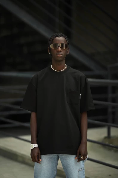 Oversize Pamuklu Bisiklet Yaka Cepli Likralı Erkek Yazlık T-shirt - Resim 3