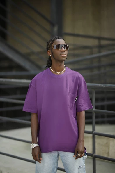 Oversize Pamuklu Bisiklet Yaka Cepli Likralı Erkek Yazlık T-shirt - Resim 9