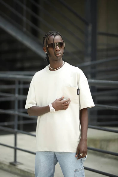 Oversize Pamuklu Bisiklet Yaka Cepli Likralı Erkek Yazlık T-shirt