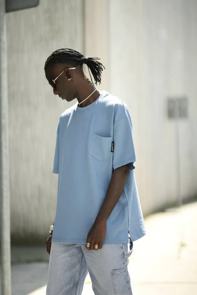 Oversize Pamuklu Bisiklet Yaka Cepli Likralı Erkek Yazlık T-shirt - Resim 5